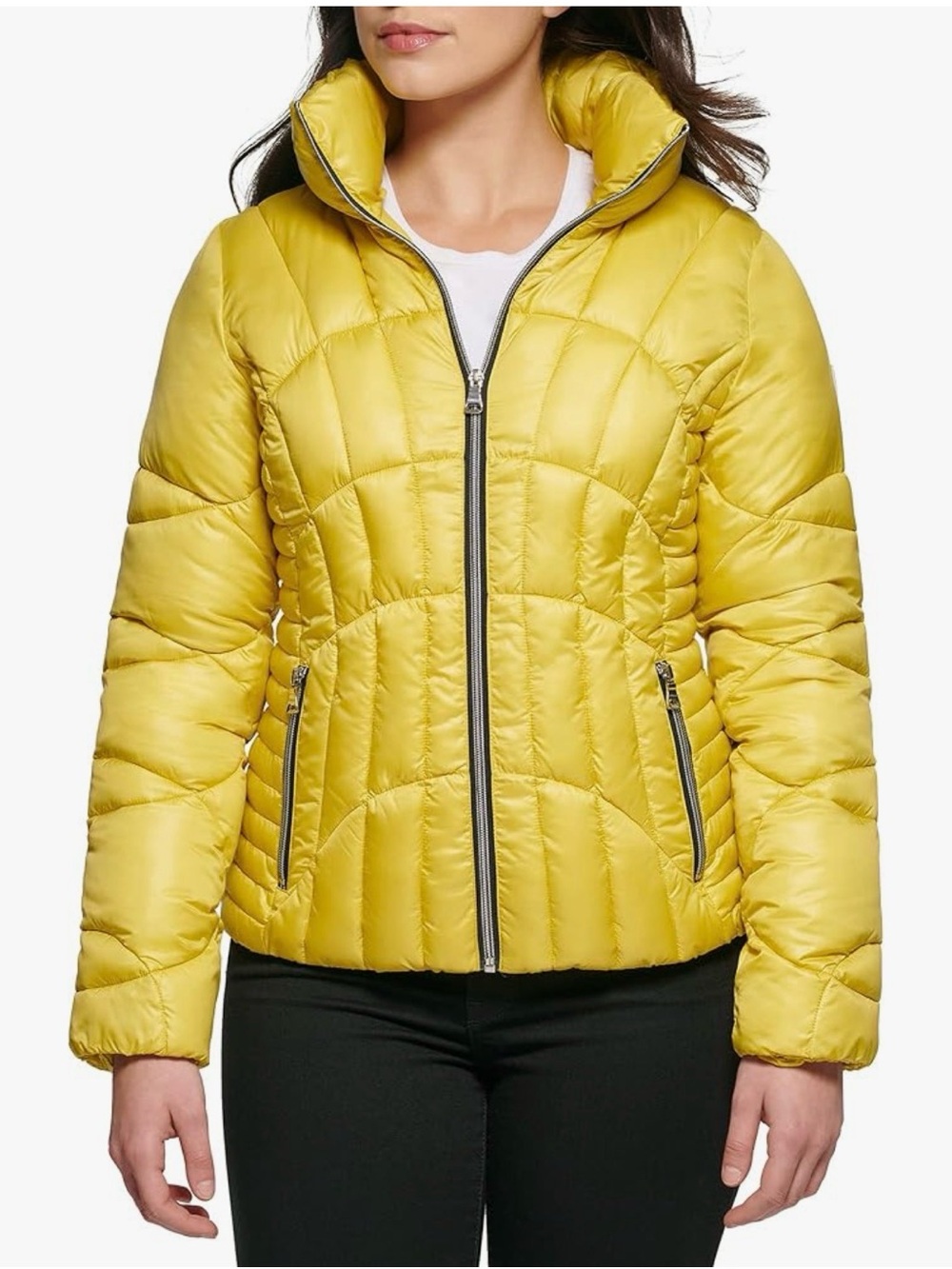 Guess Yellow Quilted Puffer Jacket with High Collar and Zip Pockets
